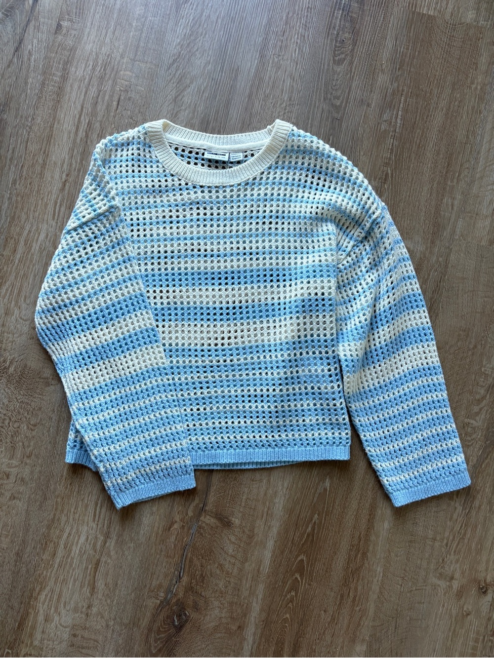 Noisy May Light Blue and Cream Open-Knit Striped Crewneck Sweater